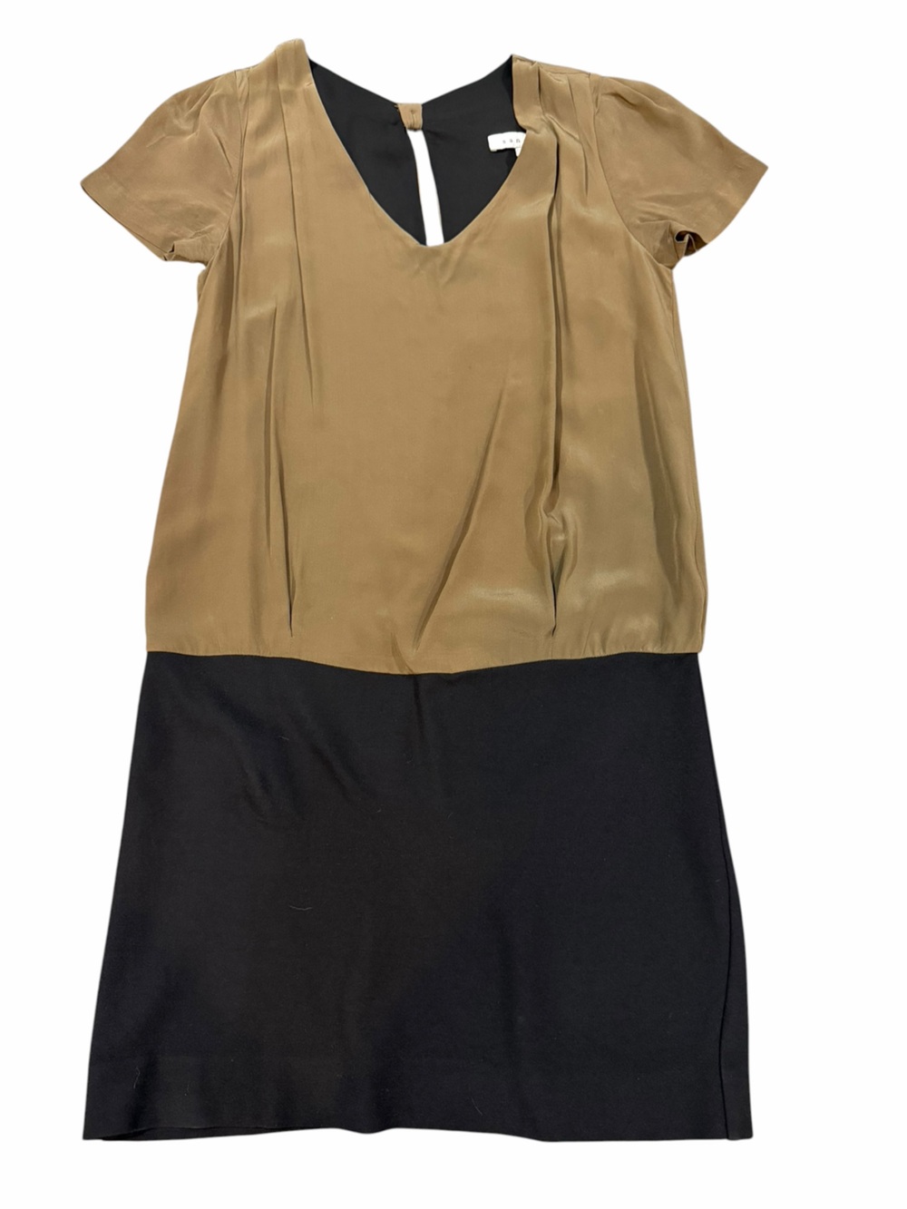 Sandro Paris Silk Colorblock Bow Back Dress Size 1 Black Taupe